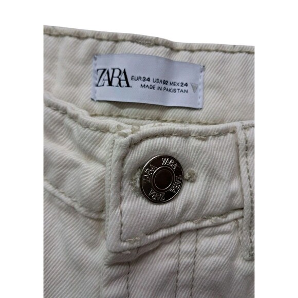 Zara Jeans Women's 2‎ Ivory Cream Button Fly Straight Leg High Rise Raw Hem - Picture 2 of 10